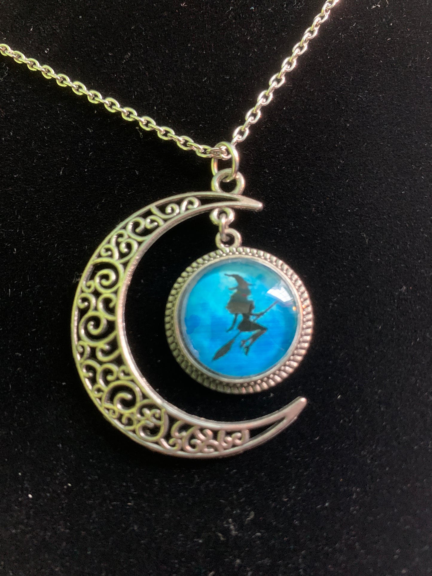 Crescent Moon Silver w/Witch in Blue Cat's Eye Necklace