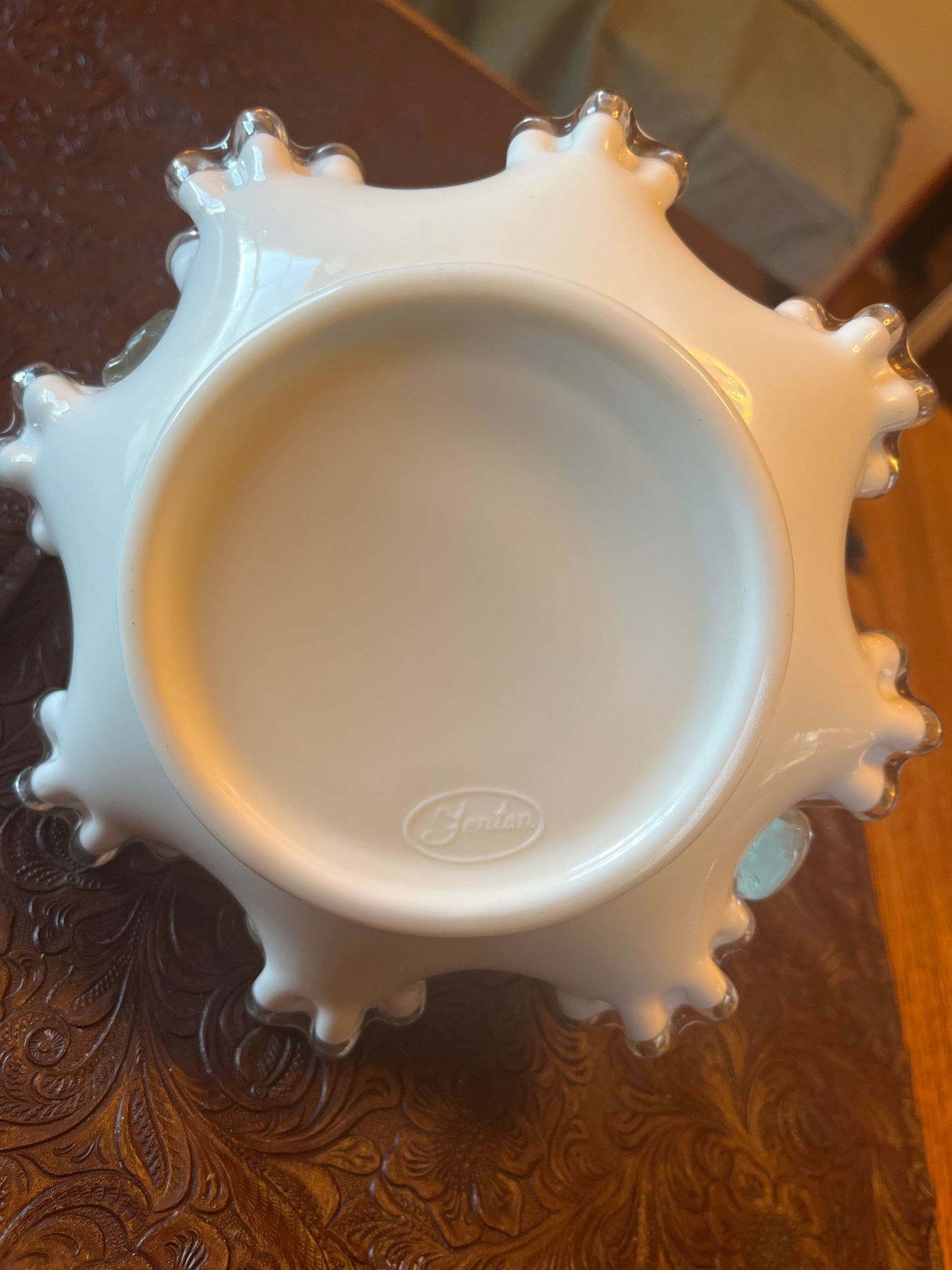 Fenton Silver Crest Petticoat Milk White Glass Basket Clear Handle Candy Dish