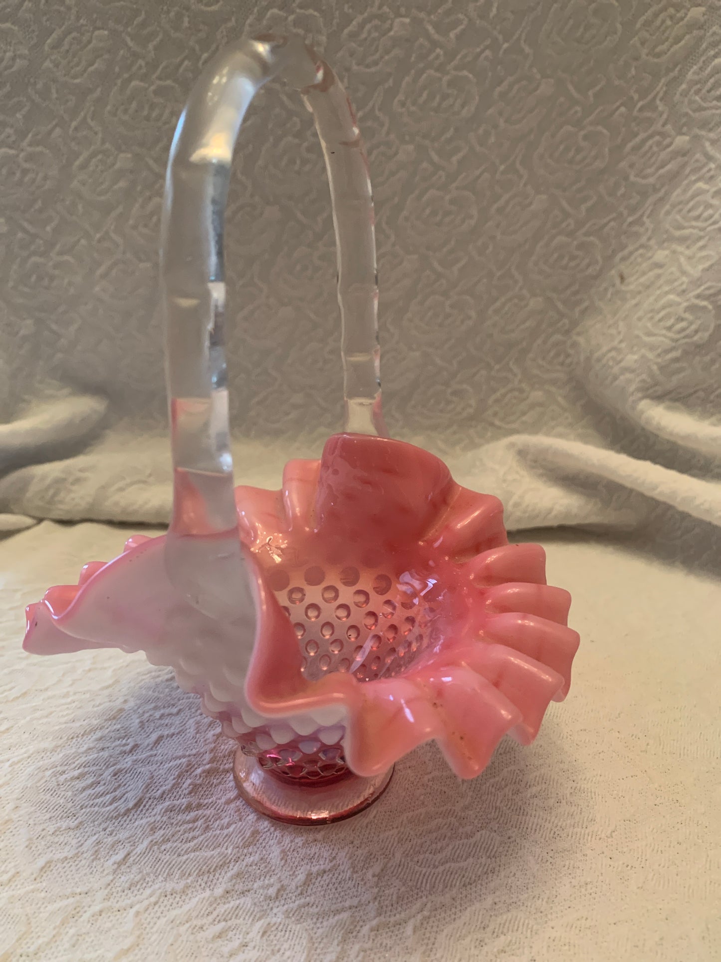 Fenton Hobnail Pink Opalescent Ruffled 8” Glass Hobnail Basket