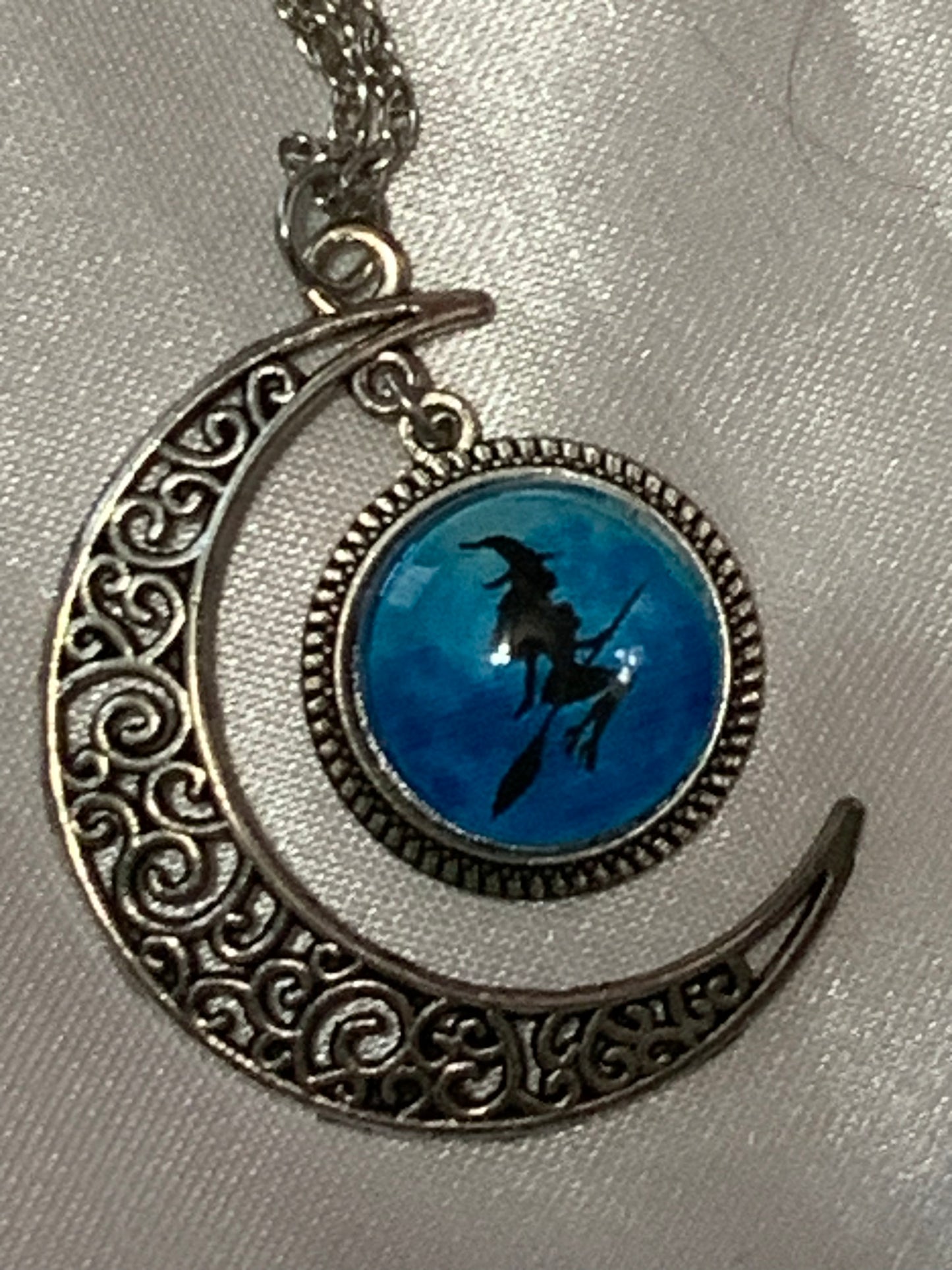 Crescent Moon Silver w/Witch in Blue Cat's Eye Necklace