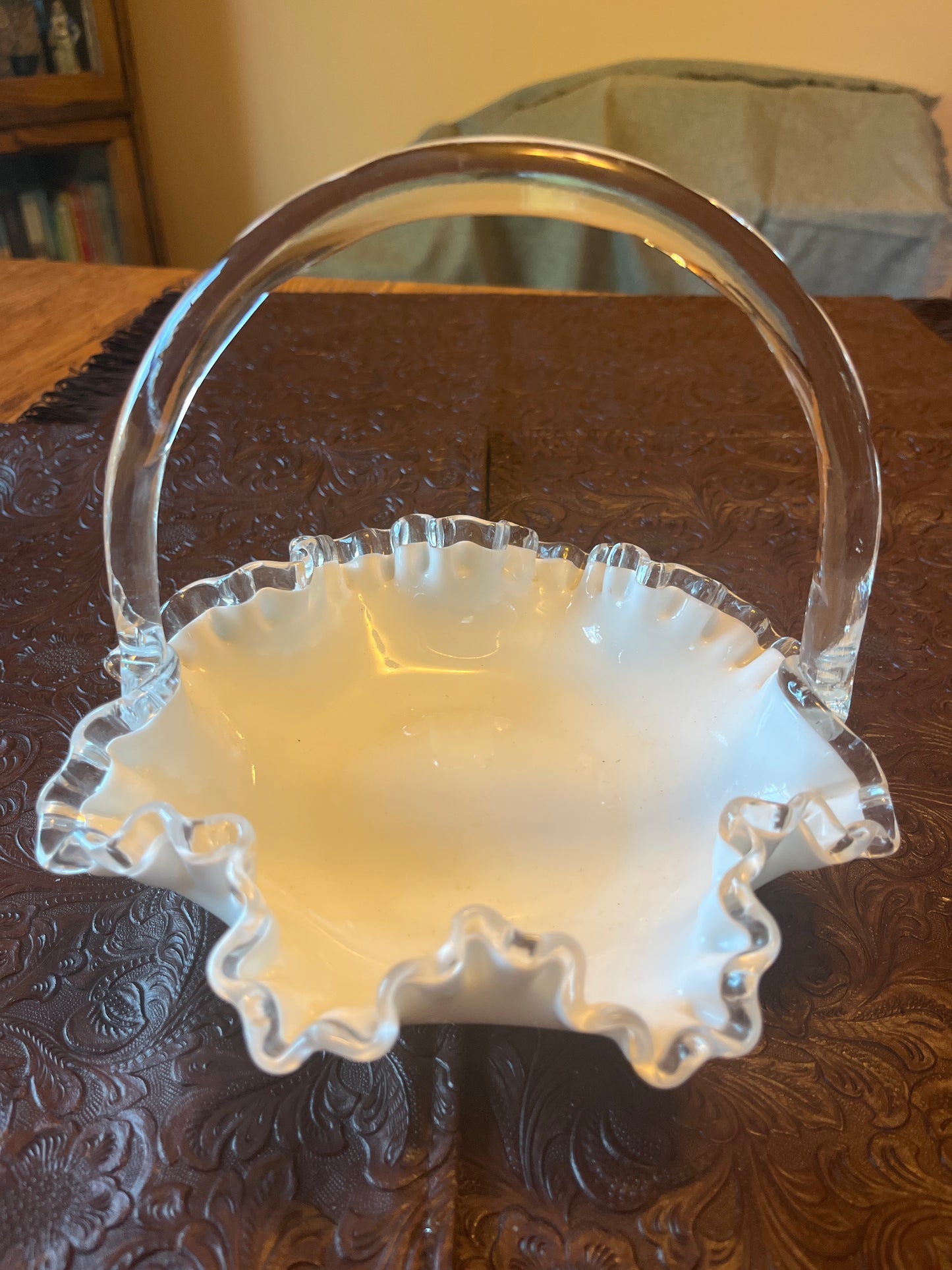 Fenton Silver Crest Petticoat Milk White Glass Basket Clear Handle Candy Dish