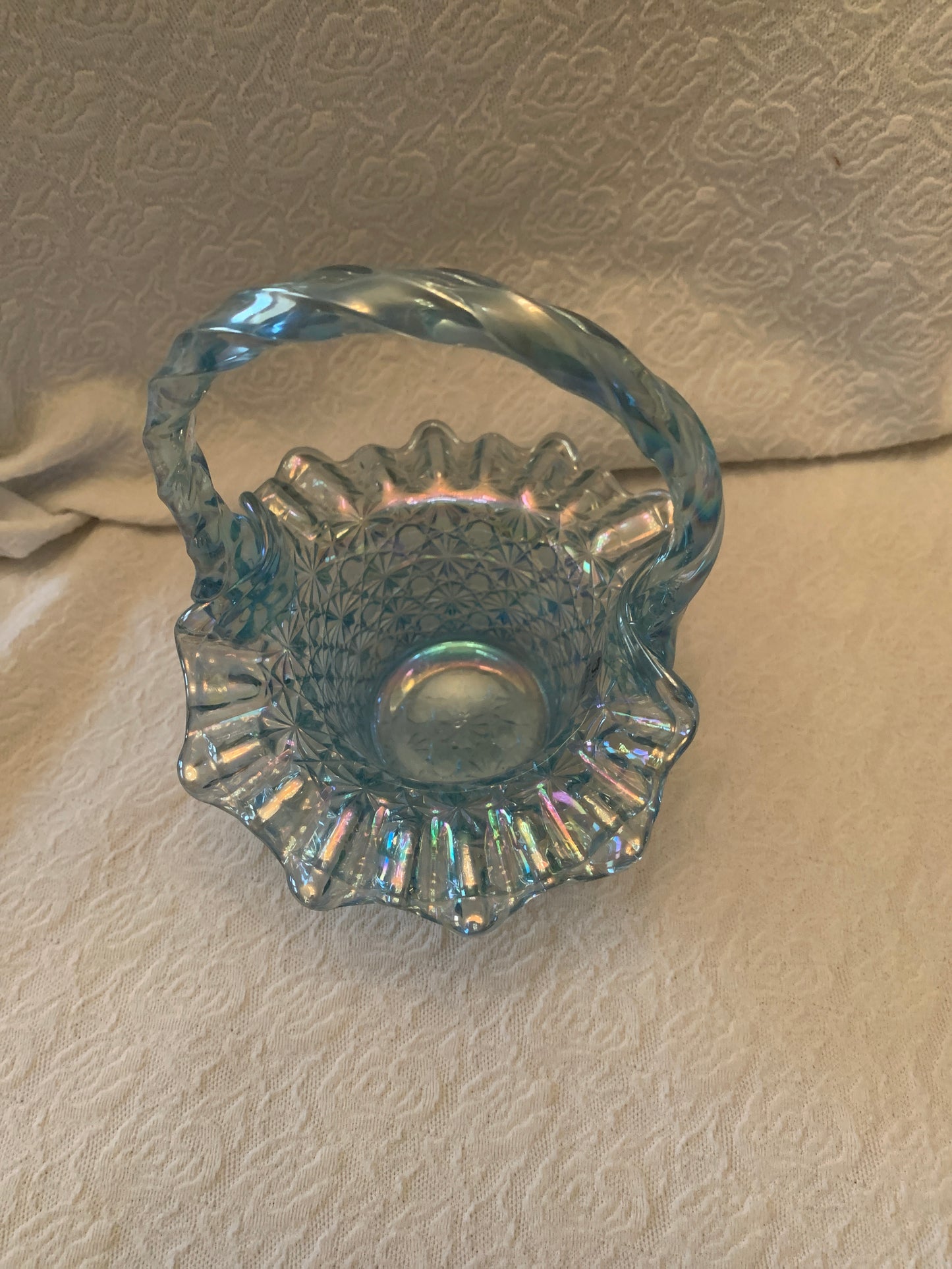 Fenton Iridescent Ice Blue Glass Daisy Button Vintage Basket