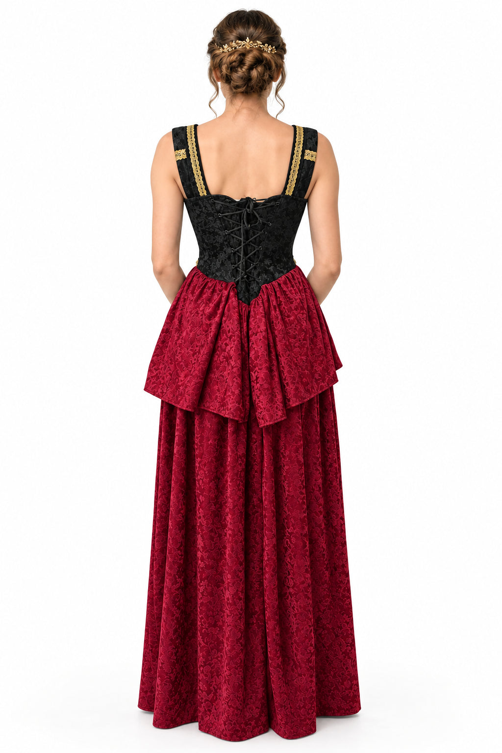 A gothic-style costume dress displayed on a mannequin, featuring a black lace-up corset bodice with gold trim and straps, layered over a deep red velvet skirt.