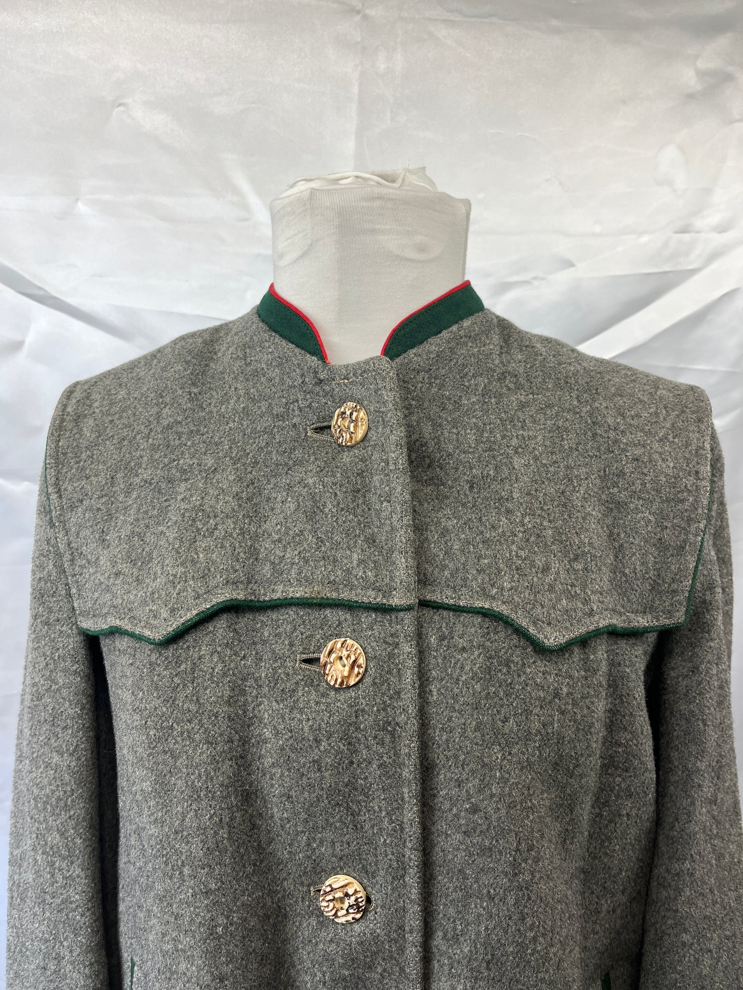 Vintage Austrian Grey Jacket  Red  & Green Trim Wool Ladies Small/Child XLG