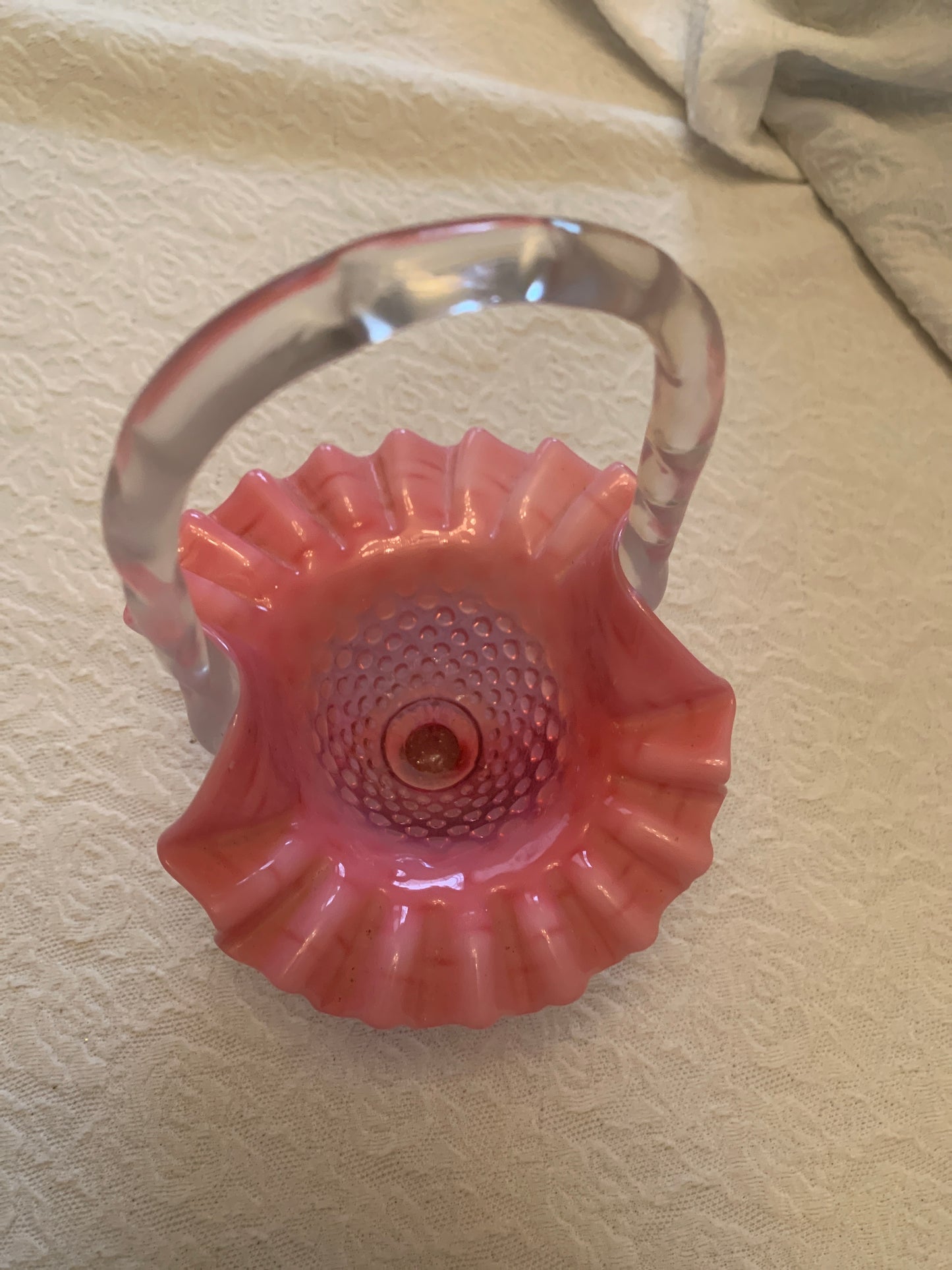 Fenton Hobnail Pink Opalescent Ruffled 8” Glass Hobnail Basket