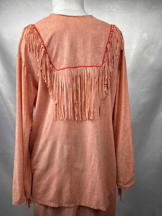 Mens Tan brown Shirt and Pants with fringe  Native american indian costume on manniquin in studio