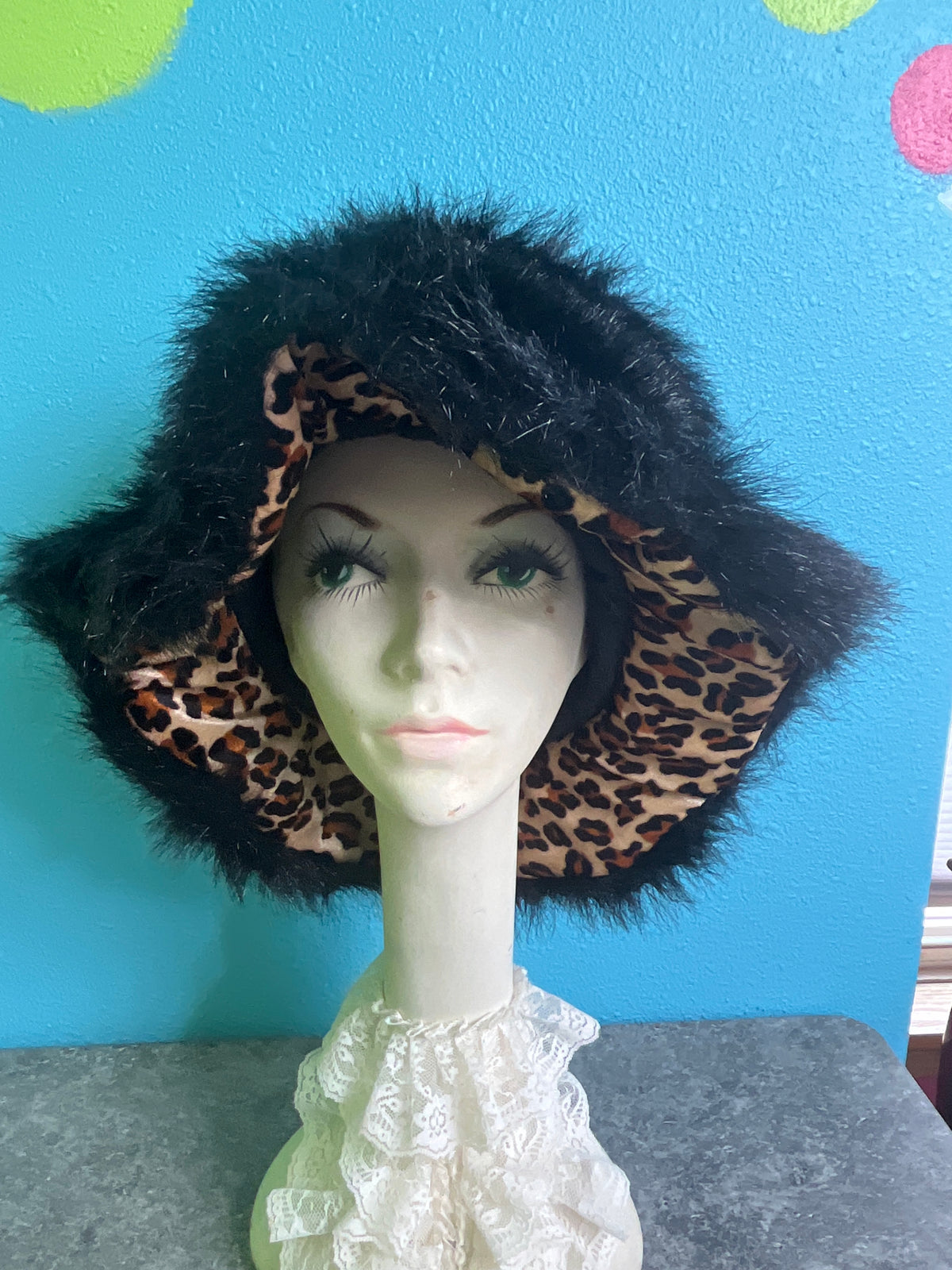 Bucket Adult Hat Black Fuzzy, Leopard Print - Preowned
