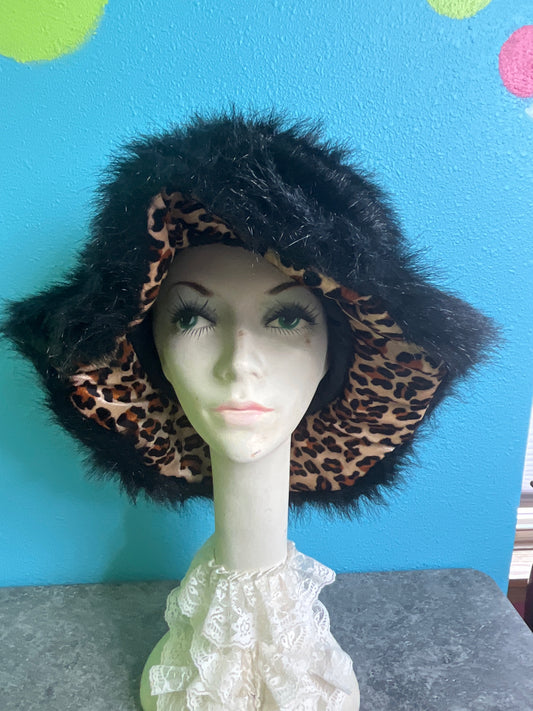 Bucket Adult Hat Black Fuzzy, Leopard Print - Preowned