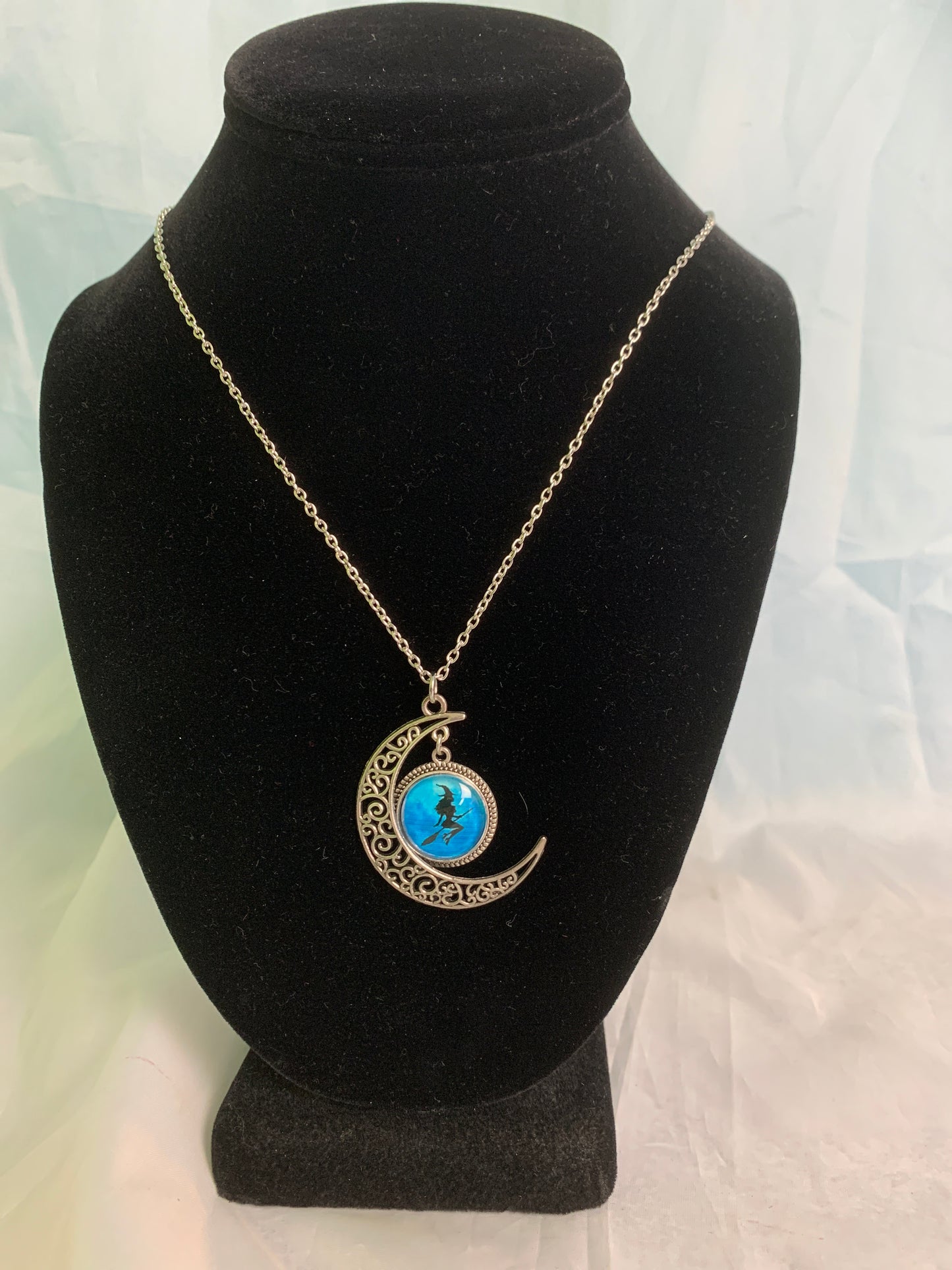 Crescent Moon Silver w/Witch in Blue Cat's Eye Necklace