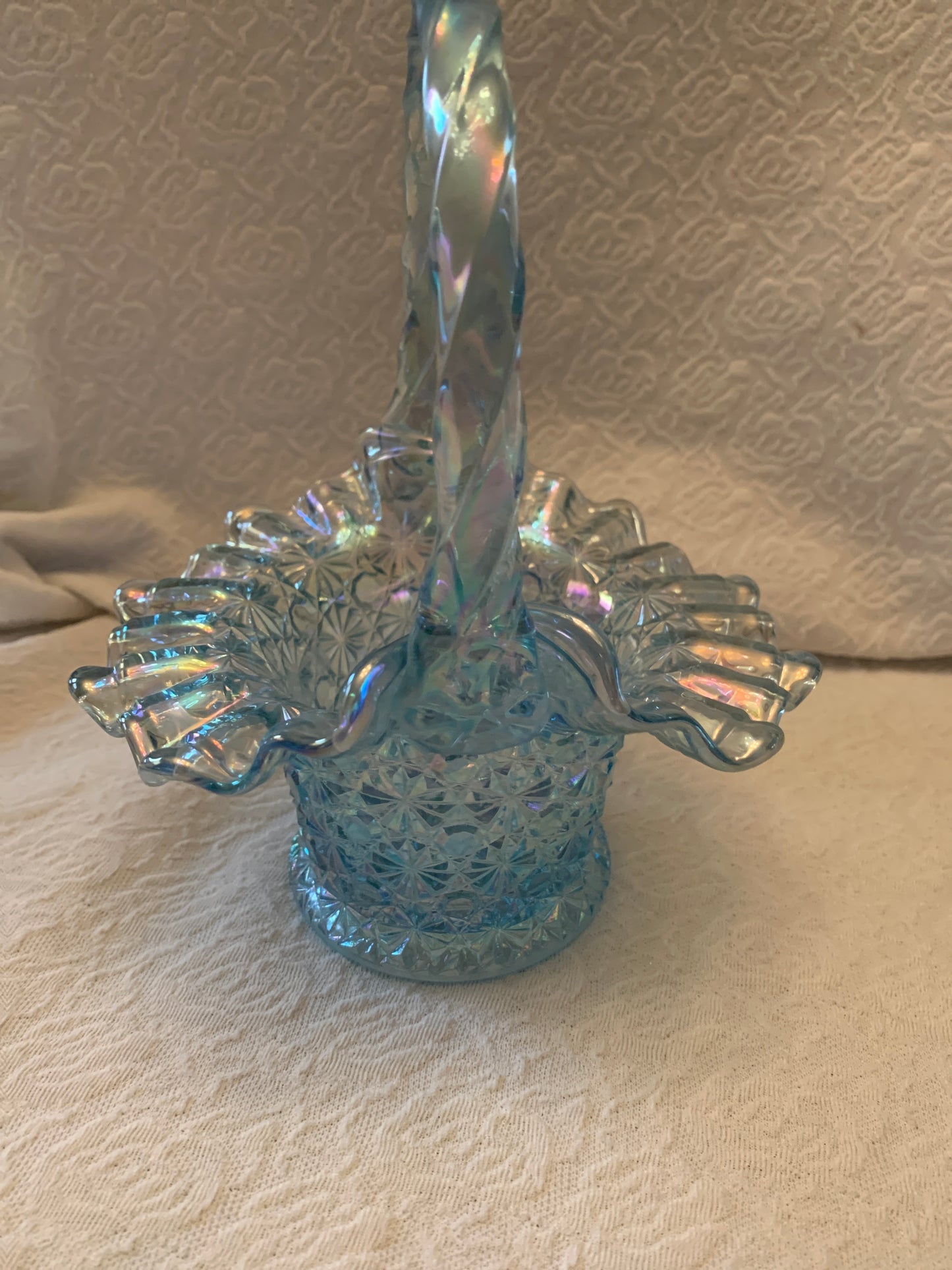 Fenton Iridescent Ice Blue Glass Daisy Button Vintage Basket