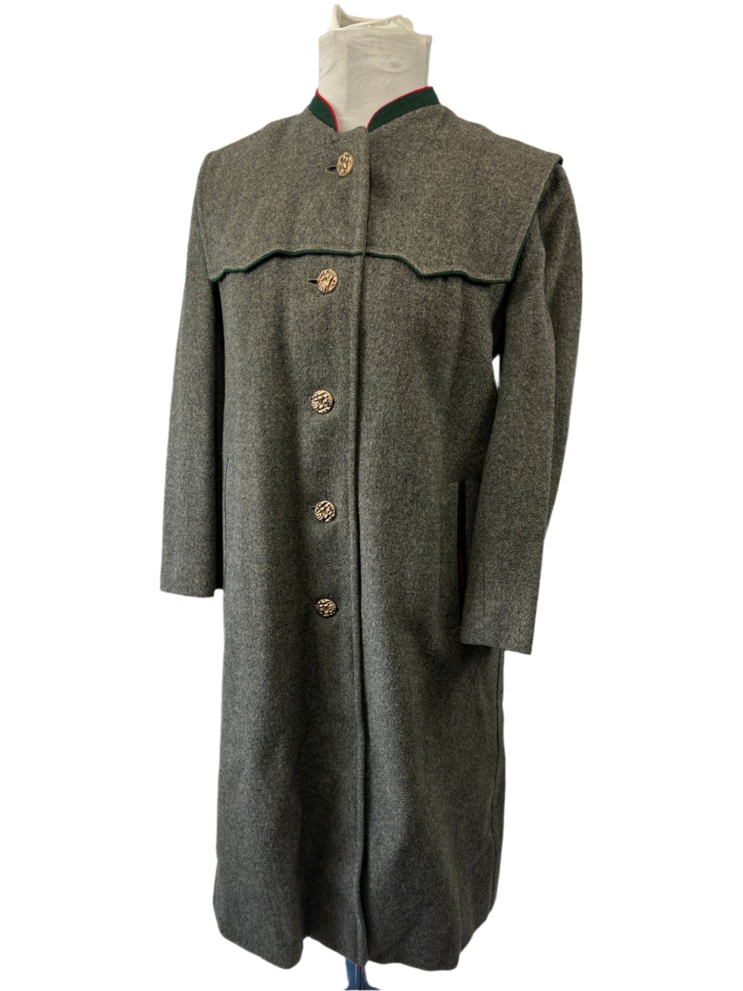 Vintage Austrian Grey Jacket  Red  & Green Trim Wool Ladies Small/Child XLG