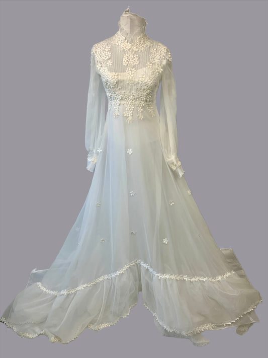 Wedding Dress & Veil, Long Sleeve, White Sheer w/Daisy small