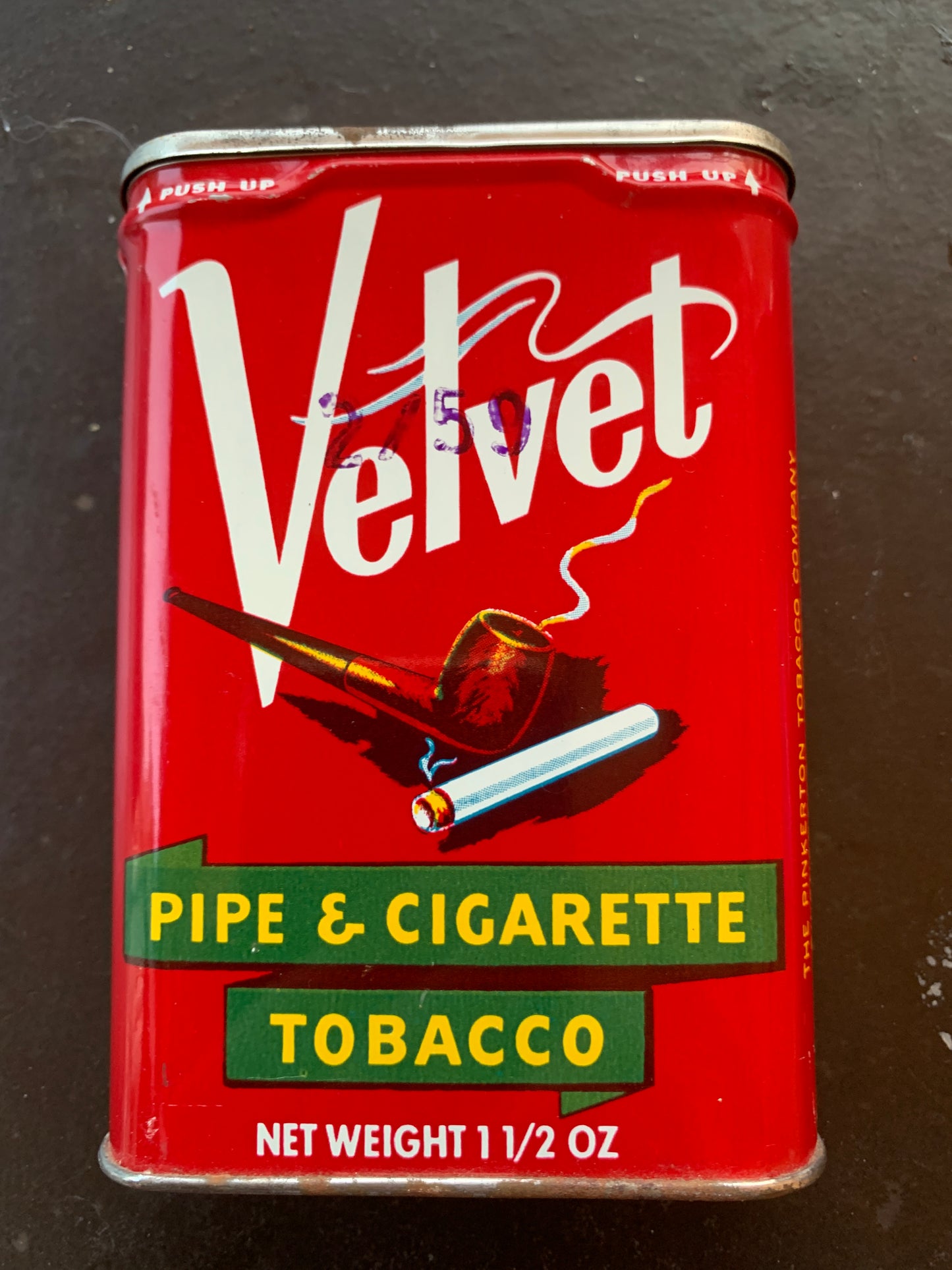 Velvet  Crimp Cut Tobacco Tin  Vintage Collectible