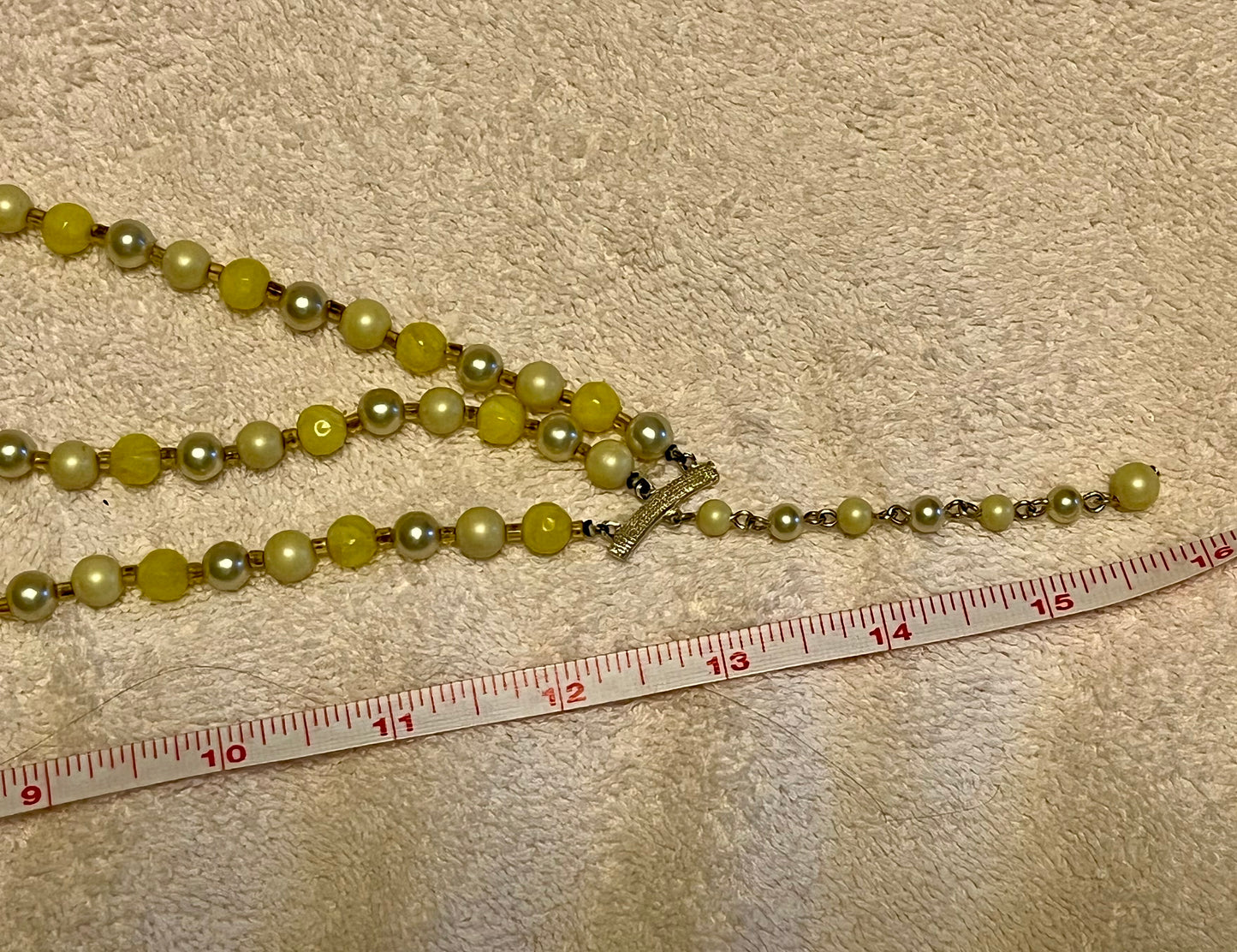 Vintage 3 Strand Faux Pearl & Yellow Bead Necklace
