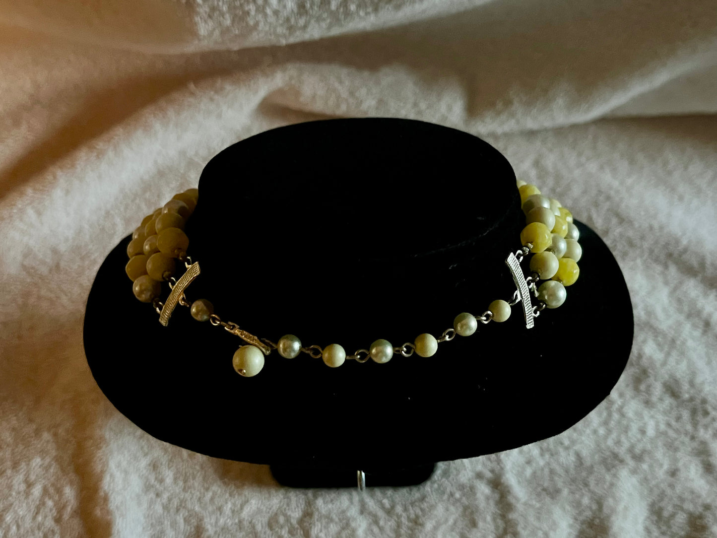 Vintage 3 Strand Faux Pearl & Yellow Bead Necklace