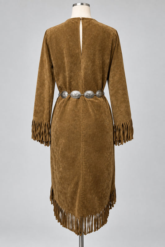 A brown suede fringe dress displayed on a mannequin from the back, featuring a silver concho belt at the waist and fringe detailing on the sleeves and hem.