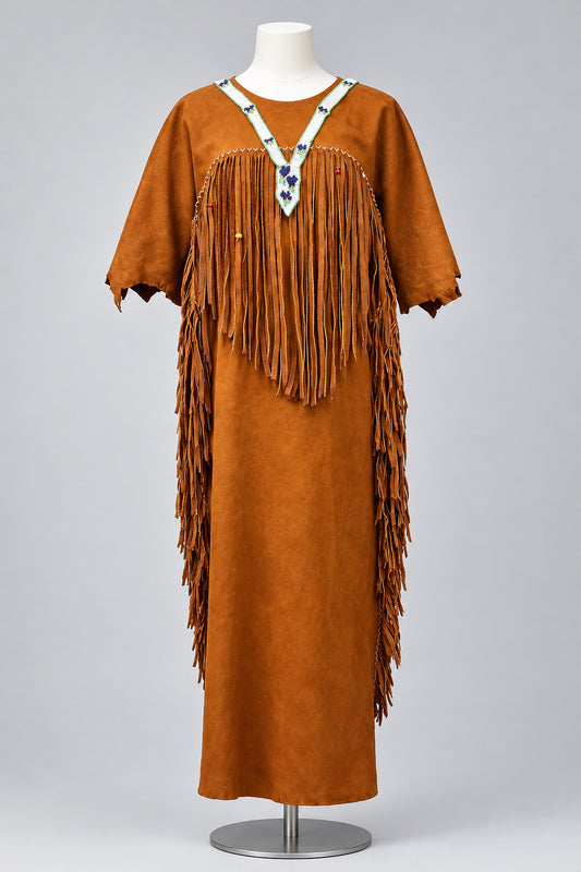 A rust-orange leather fringed dress displayed on a mannequin . The dress features a V-neckline with a decorative white and blue beaded collar and long fringe cascading down 