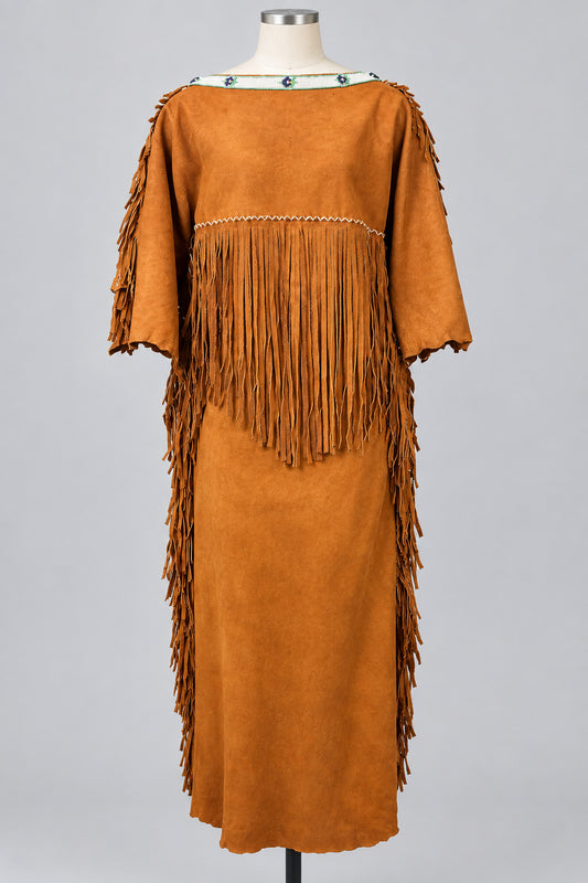 Back of A rust-brown leather fringed dress 
