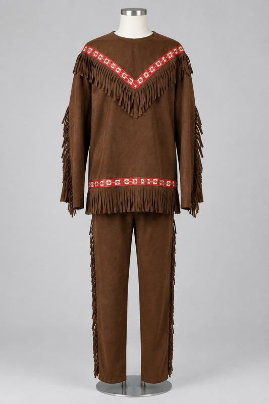 A brown faux-suede costume jacket and matching pants set displayed on a mannequin torso against a wrinkled white backdrop. The jacket features long fringe trim, a red patterned V-shaped trim across the shoulders, and a matching red patterned trim along the hem.