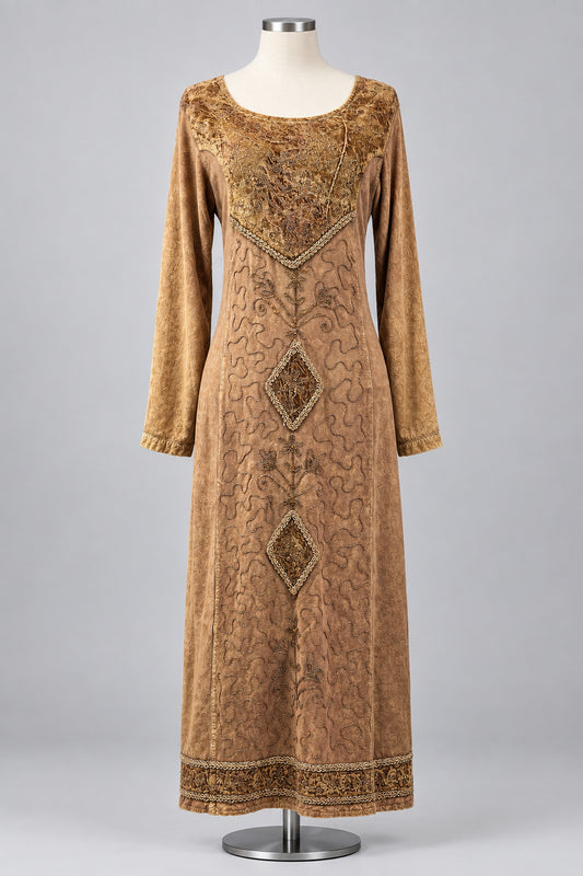 A brown velvet long-sleeve dress with intricate gold embroidery and geometric diamond patterns, displayed on a mannequin against a white fabric backdrop.