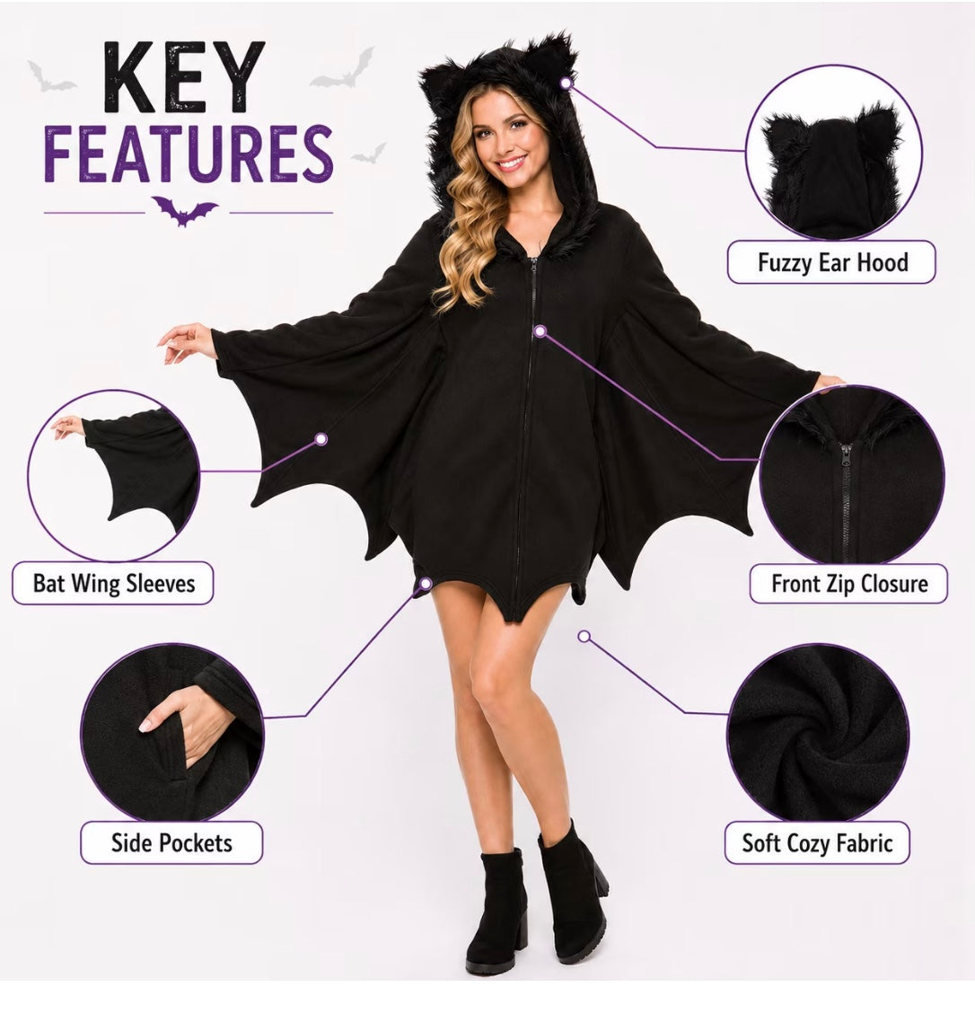Women's Black Cat Hoodie Zip Jacket Adult Costume