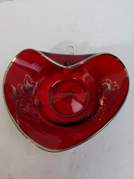 Vintage Silver City Ruby Red Depression Glass Heart Bowl With Handle Handblown