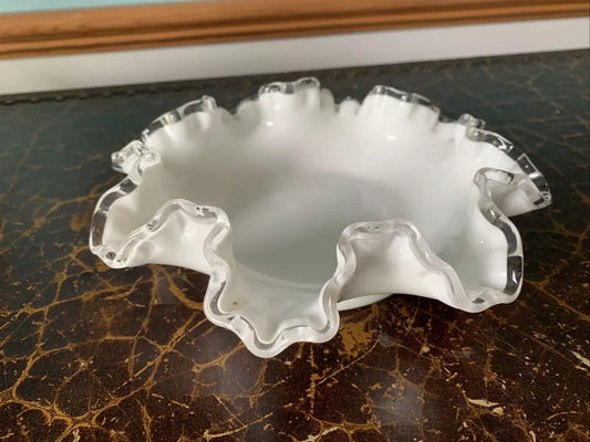 Fenton White Milk Glass Silvercrest with Ruffled Edge Candy Dish Trinket Bowl 8”