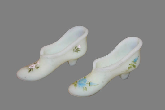 2 Vintage Fenton Custard Glass Shoes Boots Painted and Signed