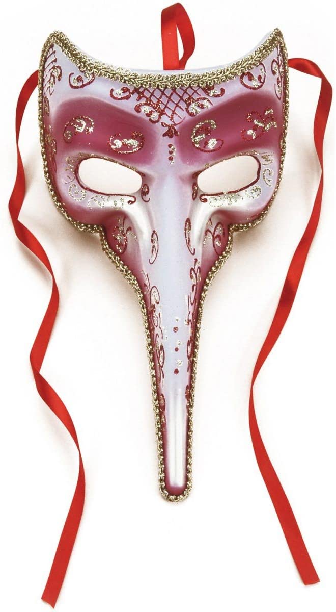 Masquerade Venetian 9" Long Nose Half Mask, Red w/Gold Accents