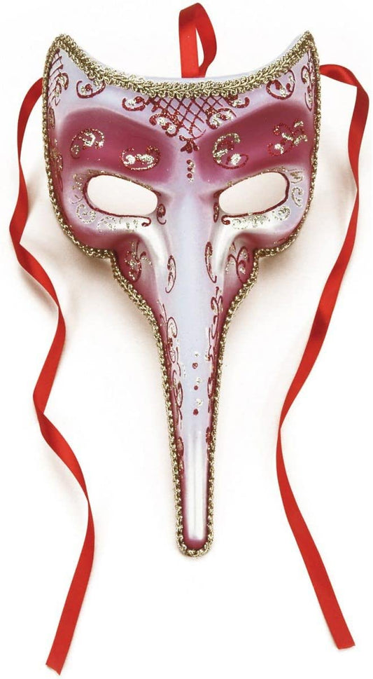 Masquerade Venetian 9" Long Nose Half Mask, Red w/Gold Accents