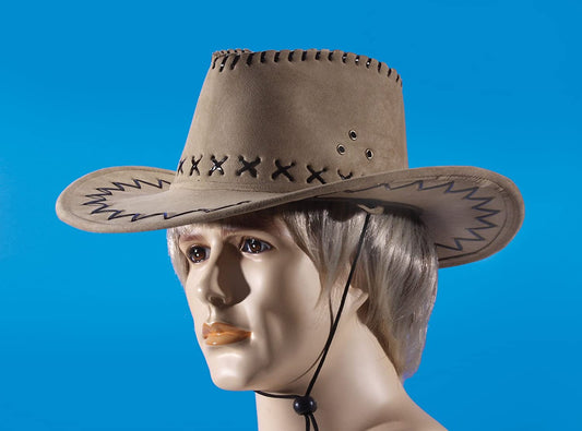 Cowboy Hat - Leatherette Suede Stitch Fancy Brim Tan,