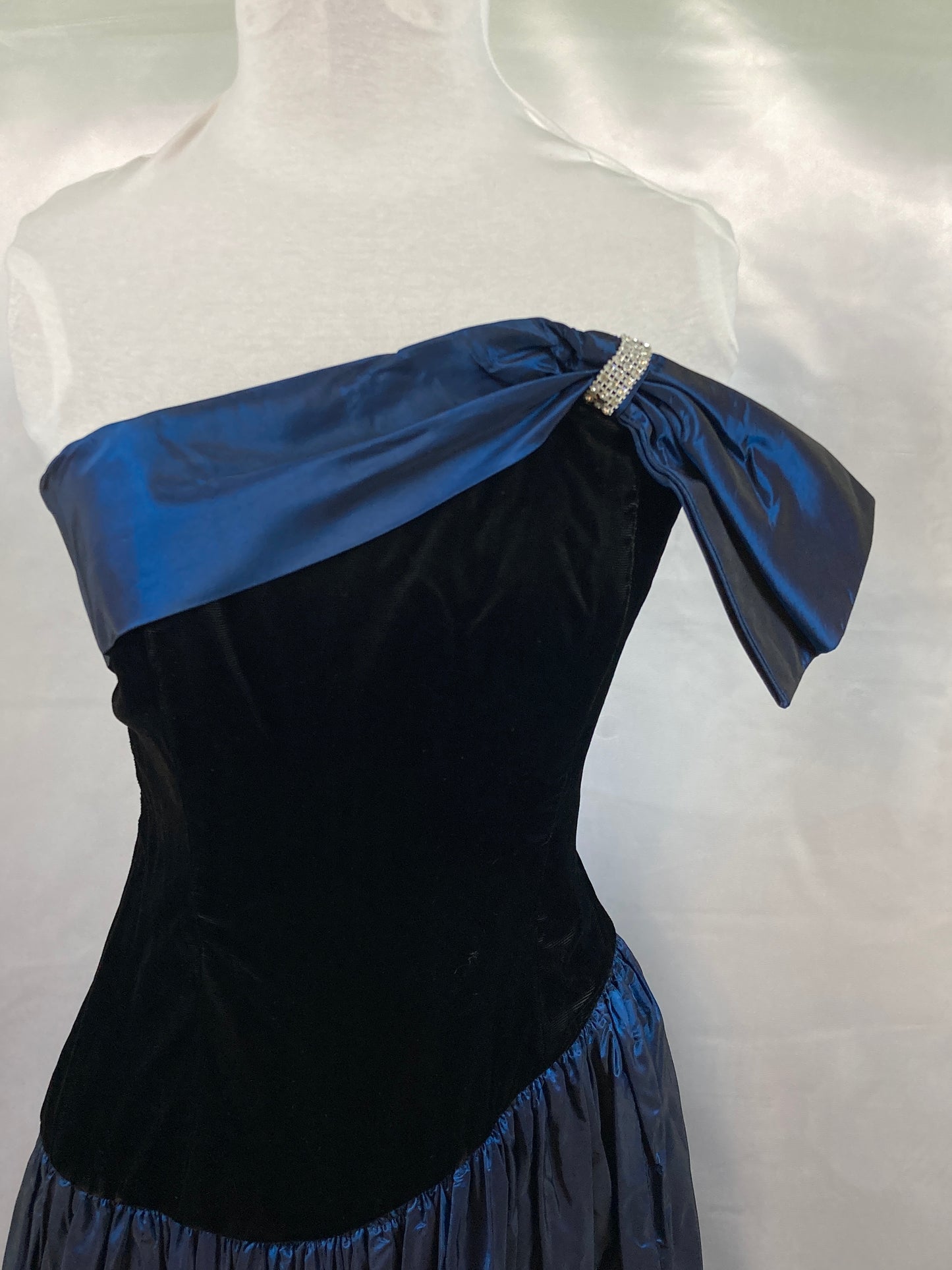 1980's Vintage Strapless Black & Blue Dress  Size Small