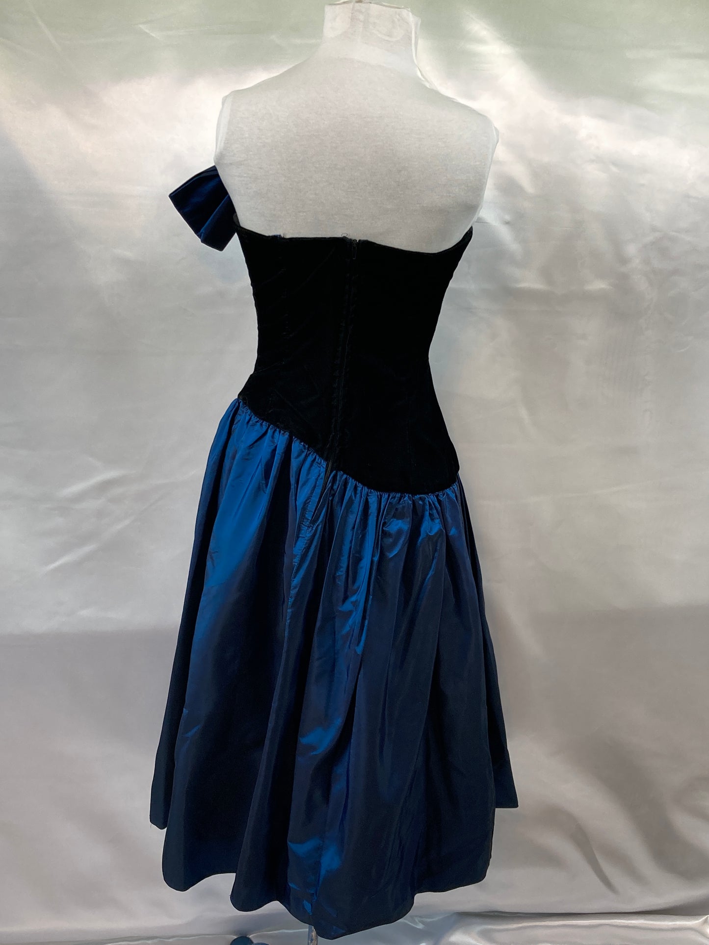 1980's Vintage Strapless Black & Blue Dress  Size Small