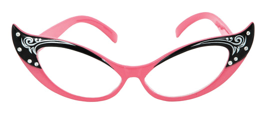 50's Rhinestone Glasses,  Cat eye Pink & Black BB524