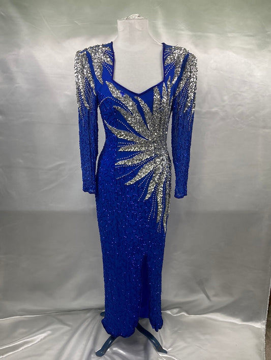 1980's Blue w/Silver Beaded Prom Formal Dress Vintage Women's Dress Small/ Med