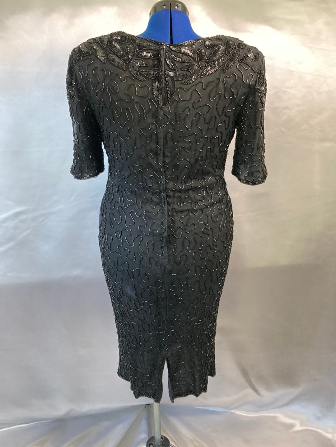 1980's Black Beaded Silk Formal Mother of Bride Dress Vintage Women's  XLG