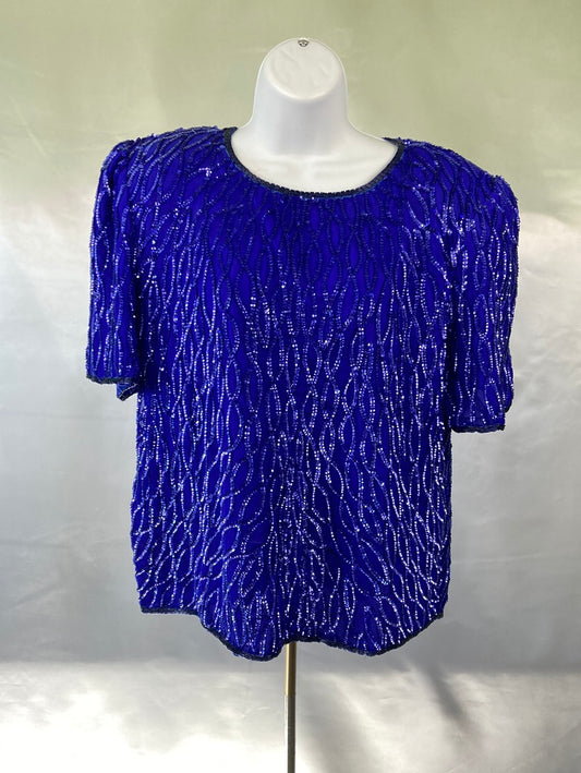1980's Blue Silk Sequin Laurence Kazar Vintage Top Women's Size PXL