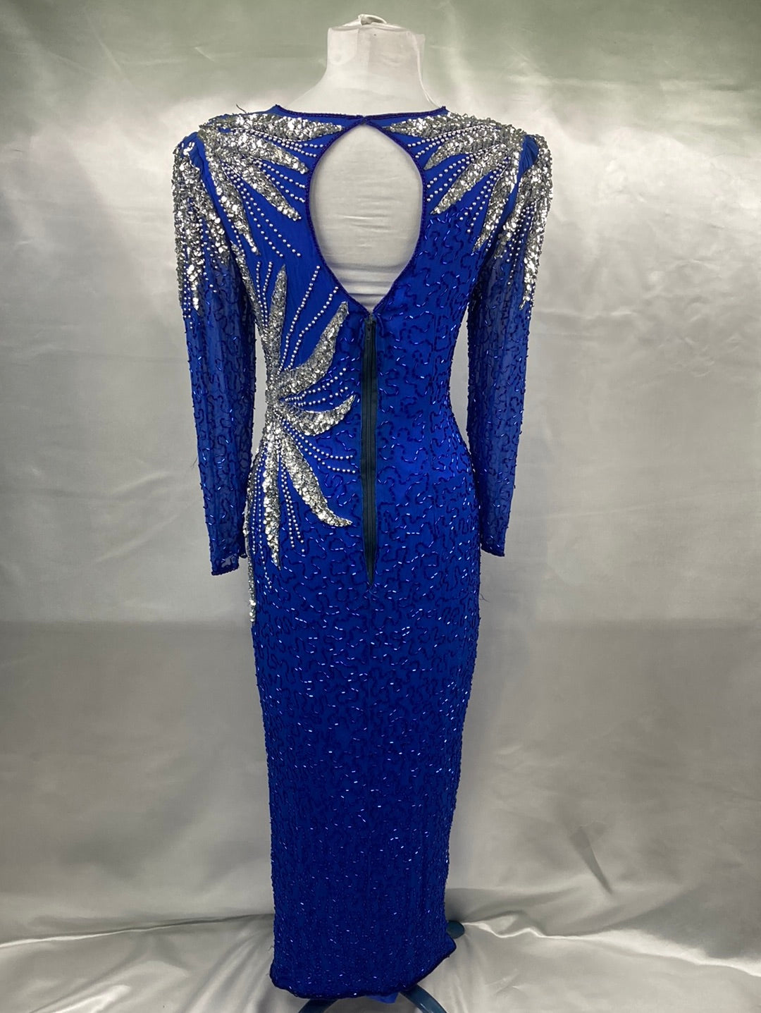 1980's Blue w/Silver Beaded Prom Formal Dress Vintage Women's Dress Small/ Med
