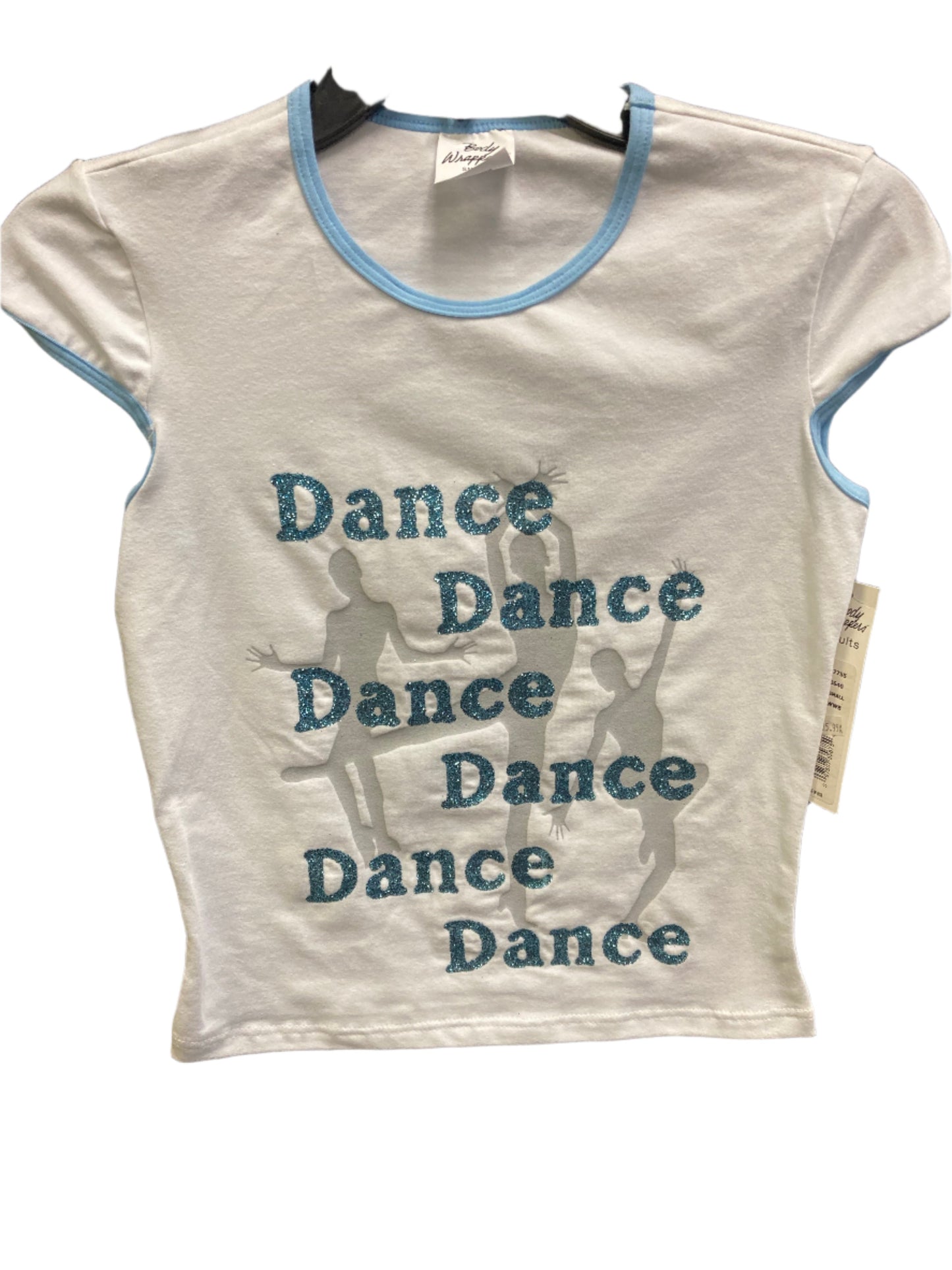 Body Wrappers Dance White w/Blue Trim T-shirt Ladies small, medium, large