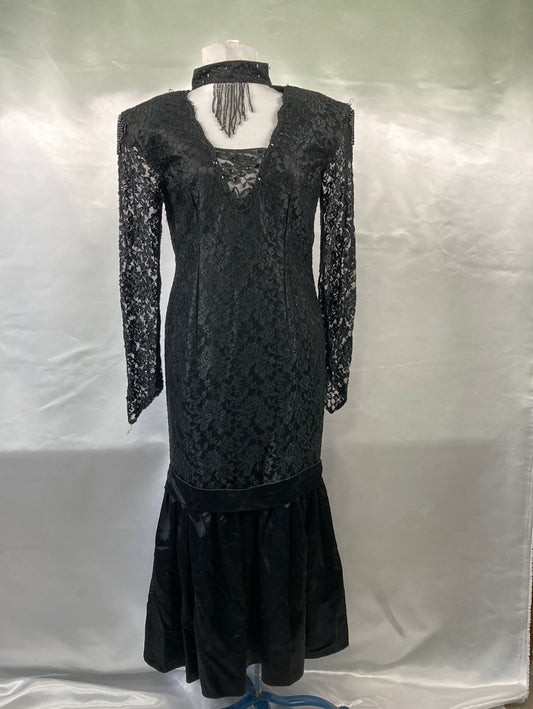 1980's Prom Black Lace Long Sleeve Dress Vintage Women's Dress Size sm/med