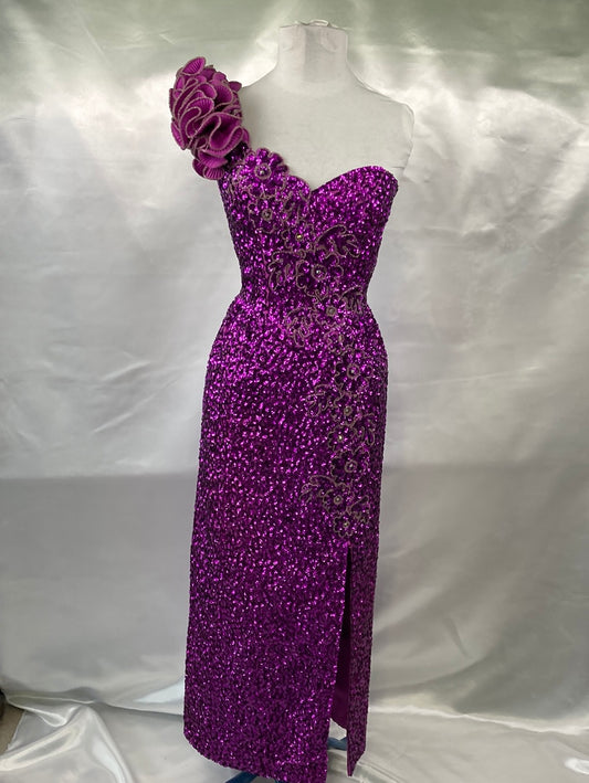 1980's Sequin Purple Off Shoulder Prom Dress Vintage Women's Dress Size X-Small